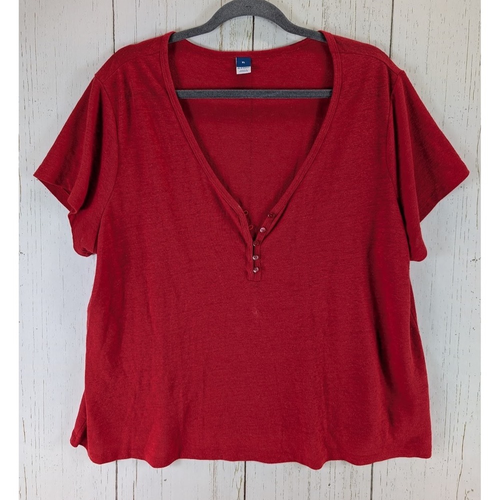 Old Navy Size XL Womens Red V Neck Button Up Short Sleeve Casual Top